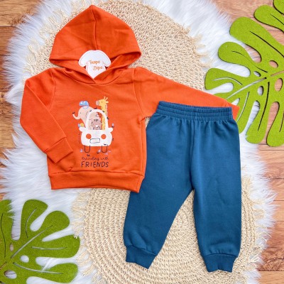 Conj. Casaco Animals Friends com Capuz e Calça de Moletom - Laranja e Azul